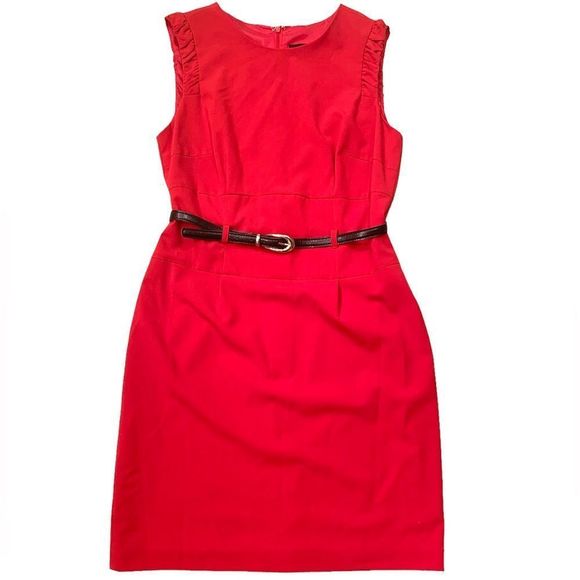 Sharagano Dresses & Skirts - Belted Sleeveless Red Sheath Dress